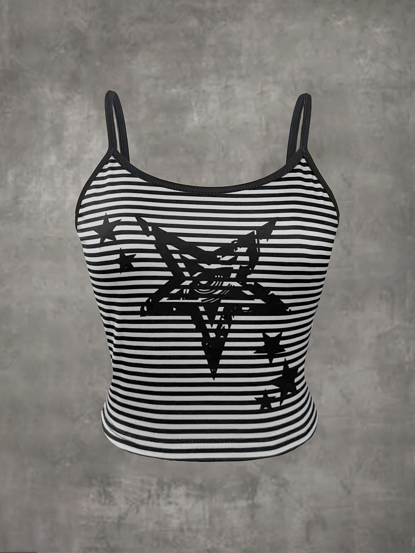 Casual Summer Spaghetti Strap Slingback Knit Fabric Polyester No Sleeve Tie Front Top with Striped Star Print