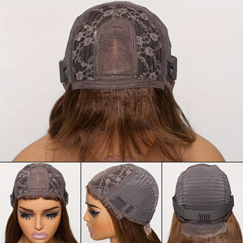 KLAIYI #4 Brown Yaki Straight Human Hair Wig with Bangs & Layered Cut - 100% Brazilian Virgin Human Hair, 150% Density Glueless HD Lace Front, Middle Part, 22.5" Cap Size, Tangle-Free, No Shedding, Air-Dry Friendly for Women