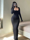 [Sexy Autumn Dress] Ultra-Long Women's Autumn Dress - Form-Fitting, A-Line Silhouette, Long Sleeves, Square Neckline, And a Sexy, Tailored Fit
