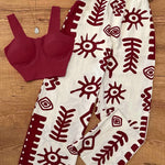 Red Printed Long Pants Set with Straps