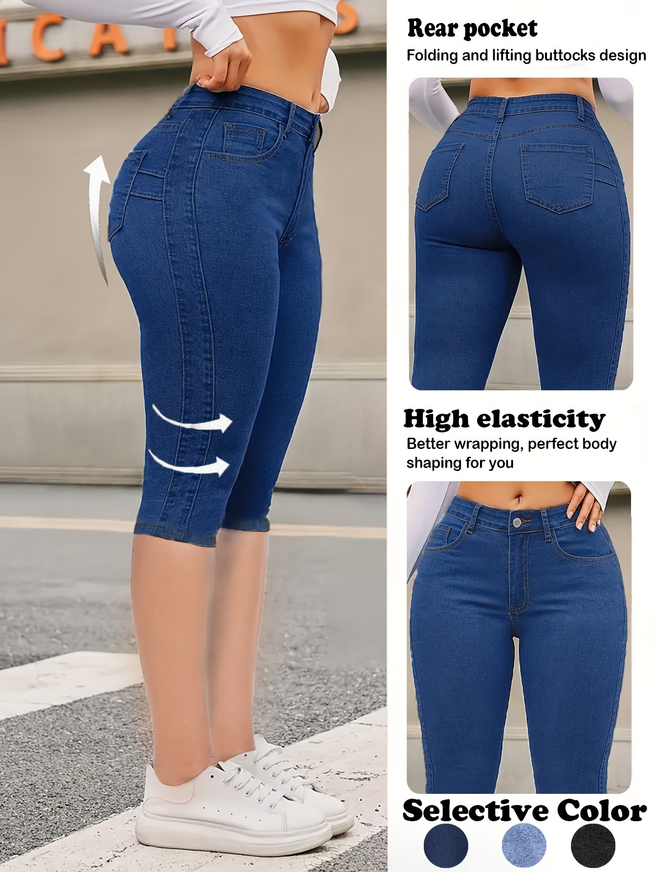 Women'S Casual High Elasticity 7-Inch Denim Shorts - Skinny Fit, Zipper Fly, Button Closure, Light Blue, Spring/Summer Fashion, Casual Wear|Skinny Fit Jeans|Zipper Fly Jeans