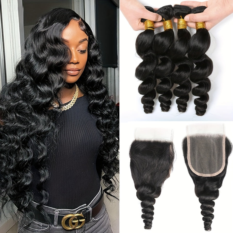 Loose Wave Human Hair Bundles With 4x4 Lace Closure 12A Peruvian Virgin 100% Unprocessed Loose Deep Wavy 4 Bundles 4x4 Lace Closure Natural Black Weave Extensions Transparent HD Ocean Wave