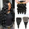Loose Wave Human Hair Bundles With 4x4 Lace Closure 12A Peruvian Virgin 100% Unprocessed Loose Deep Wavy 4 Bundles 4x4 Lace Closure Natural Black Weave Extensions Transparent HD Ocean Wave