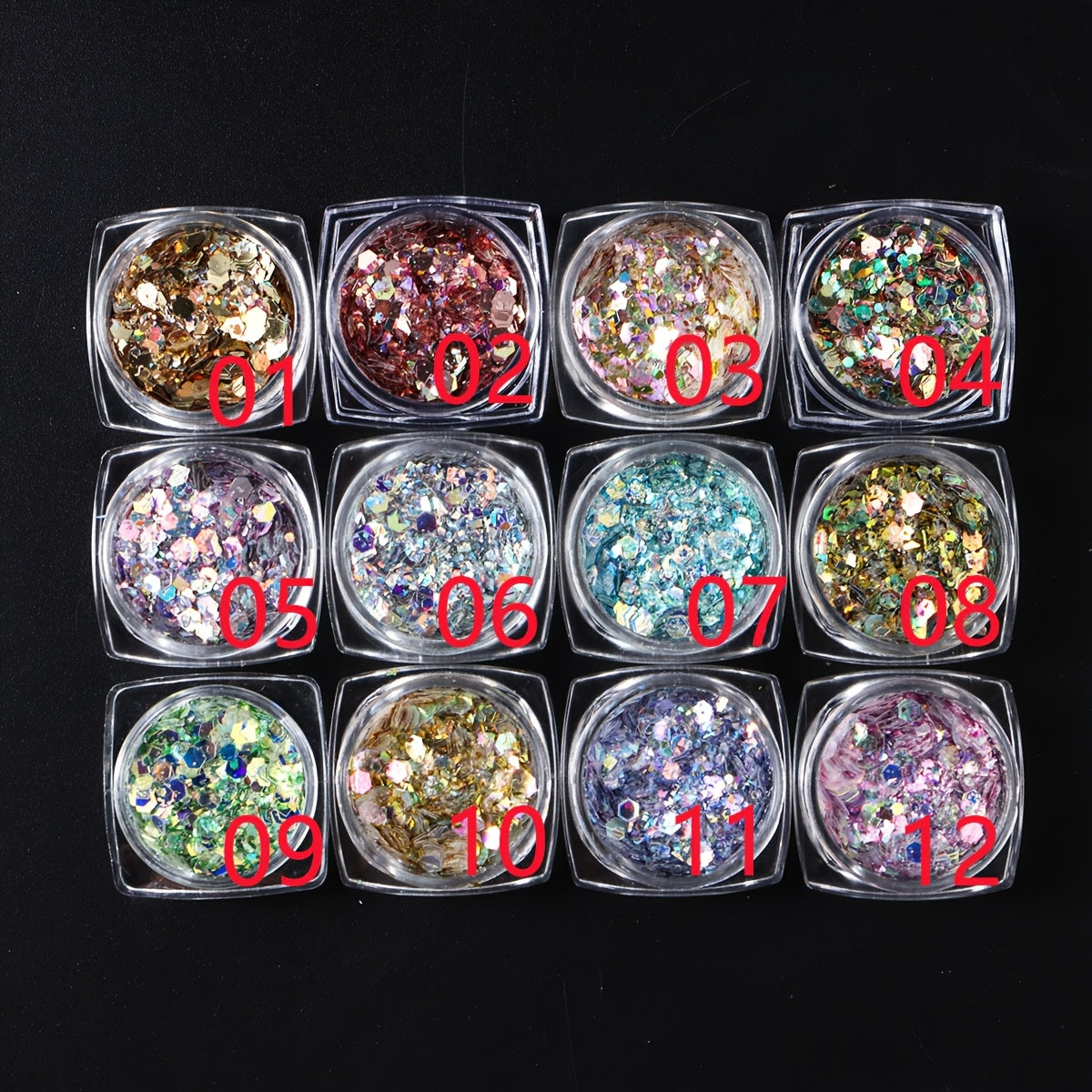 12 Colors Nail Art Glitter Diamond Dust Iridescent Nail Powder Chunky Glitter Confetti Foil Flakes Sequins for Nail Art Supplies, Gel Polish, Y2K Mermaid Holographic Hexagon Sequins, 3D Mirror Irregular Slices Sparkles