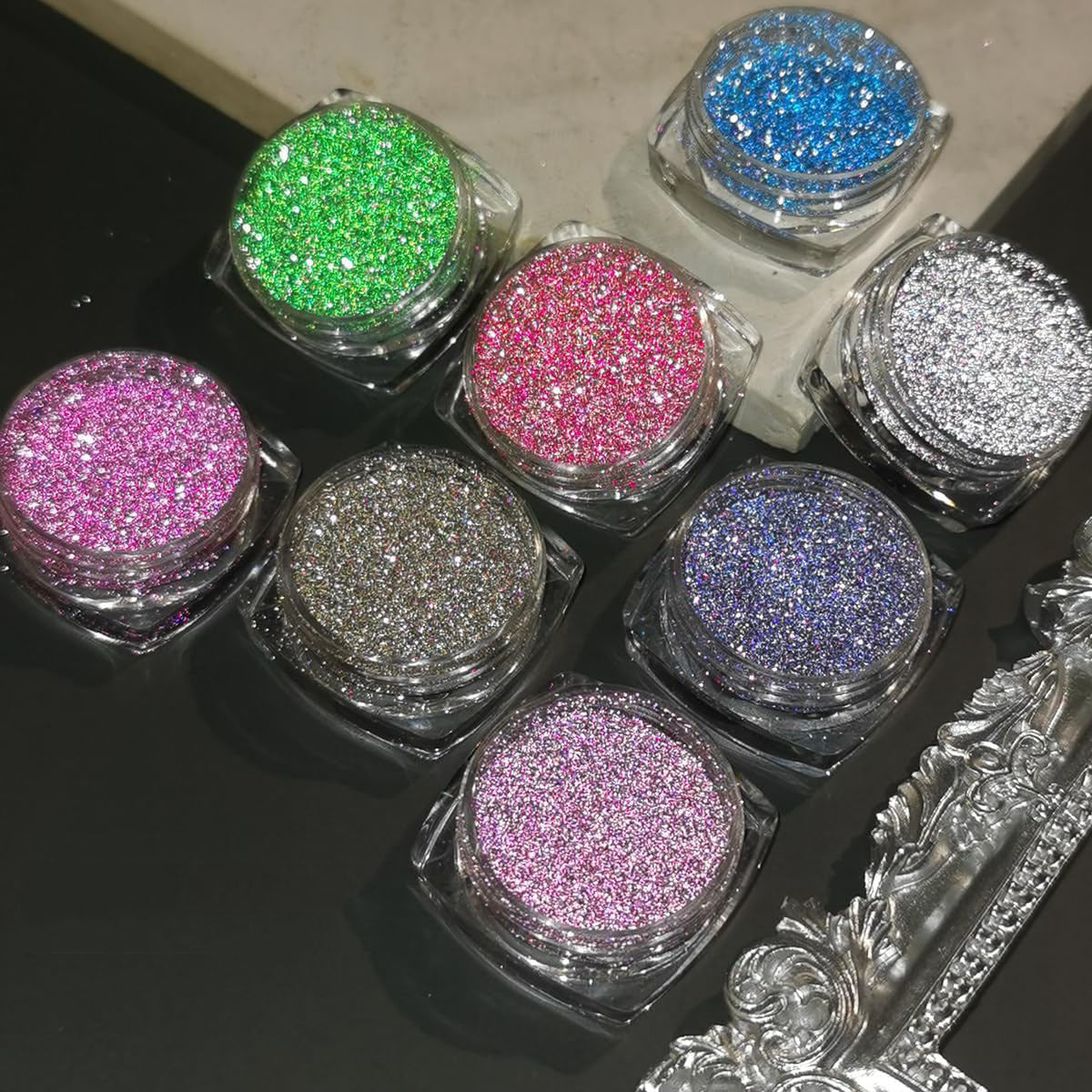 Reflective Glitter Powder Set, 16 Colors Sparkle Diamond Nail Glitter Dust, Silvery Pink Purple Green Loose Glitter for Nails, Shiny Sugar Nail Powder Dipping Pigment, Nail Supplies, Loose Glitter Powder