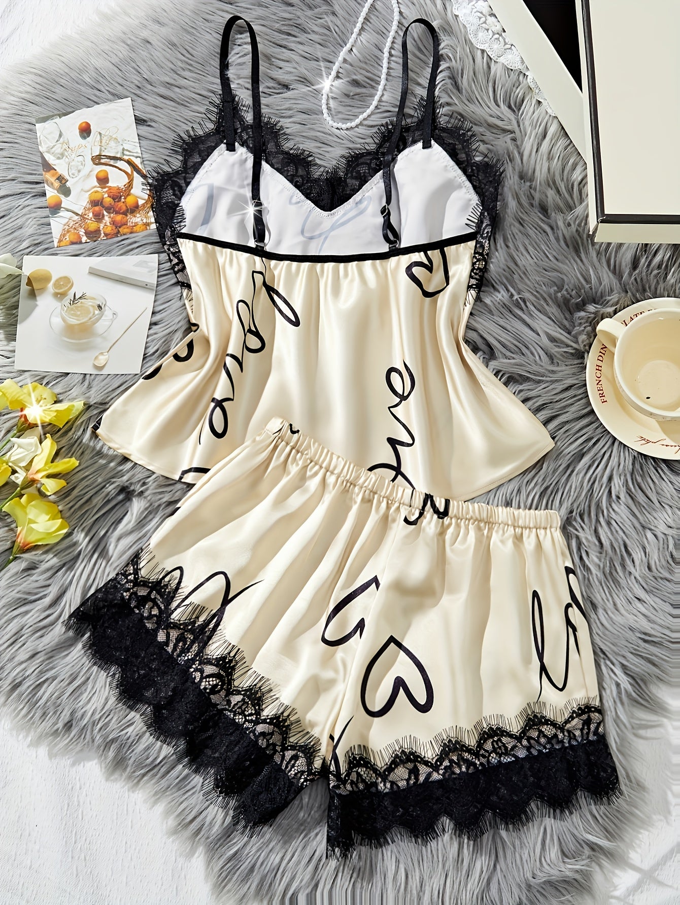 Women's Heart & Letter Print Lace Trim Elegant Satin Pajama Set, V Neck Backless Cami Top & Shorts, Comfortable Relaxed Fit, Summer Nightwear