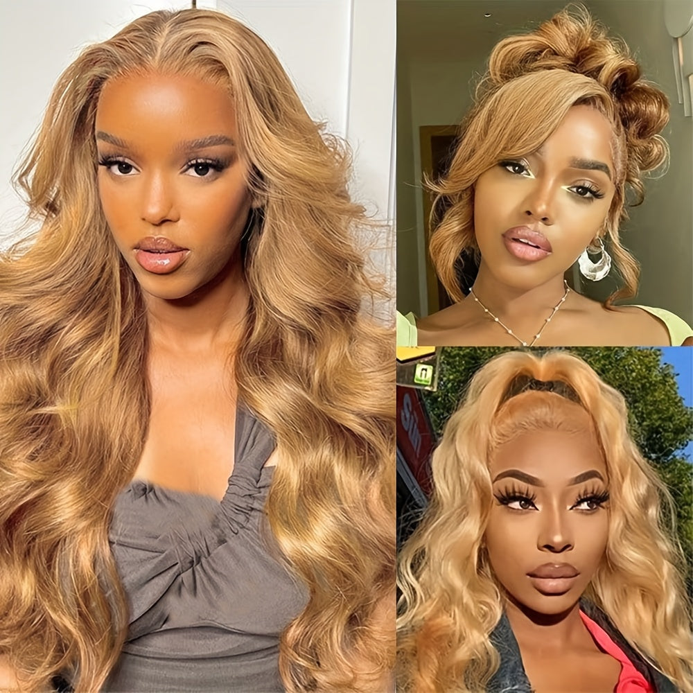 13x6 Honey Blonde Wig Human Hair 180% Density Peruvian Transparent Lace Frontal Wigs Human Hair Pre Plucked With Baby Hair 20-34 Inch Body Wave Wig 27# Colored