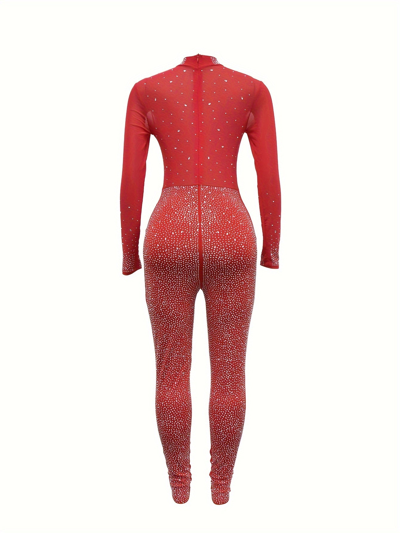 Solid Color Stand Neck Jumpsuit, Y2K Mesh Rhinestone Long Sleeve Jumpsuit For Spring & Summer, Women's Clothing