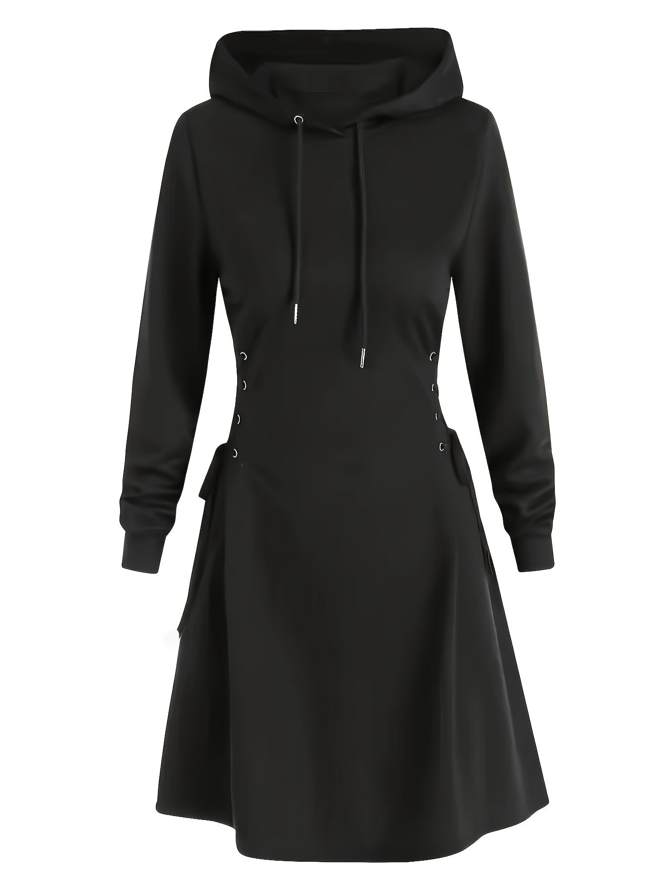 Elegant Hooded Sweatshirt Dress with Drawstring and Knee-Length Skirt - Polyester Knit Fabric, Long Sleeve, Spring/Fall Adult Fashion Dress