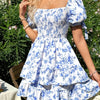 Floral Print Square Neck Dress, Elegant Ruffle Hem Puff Sleeve Dress For Spring & Summer, Women's Clothing