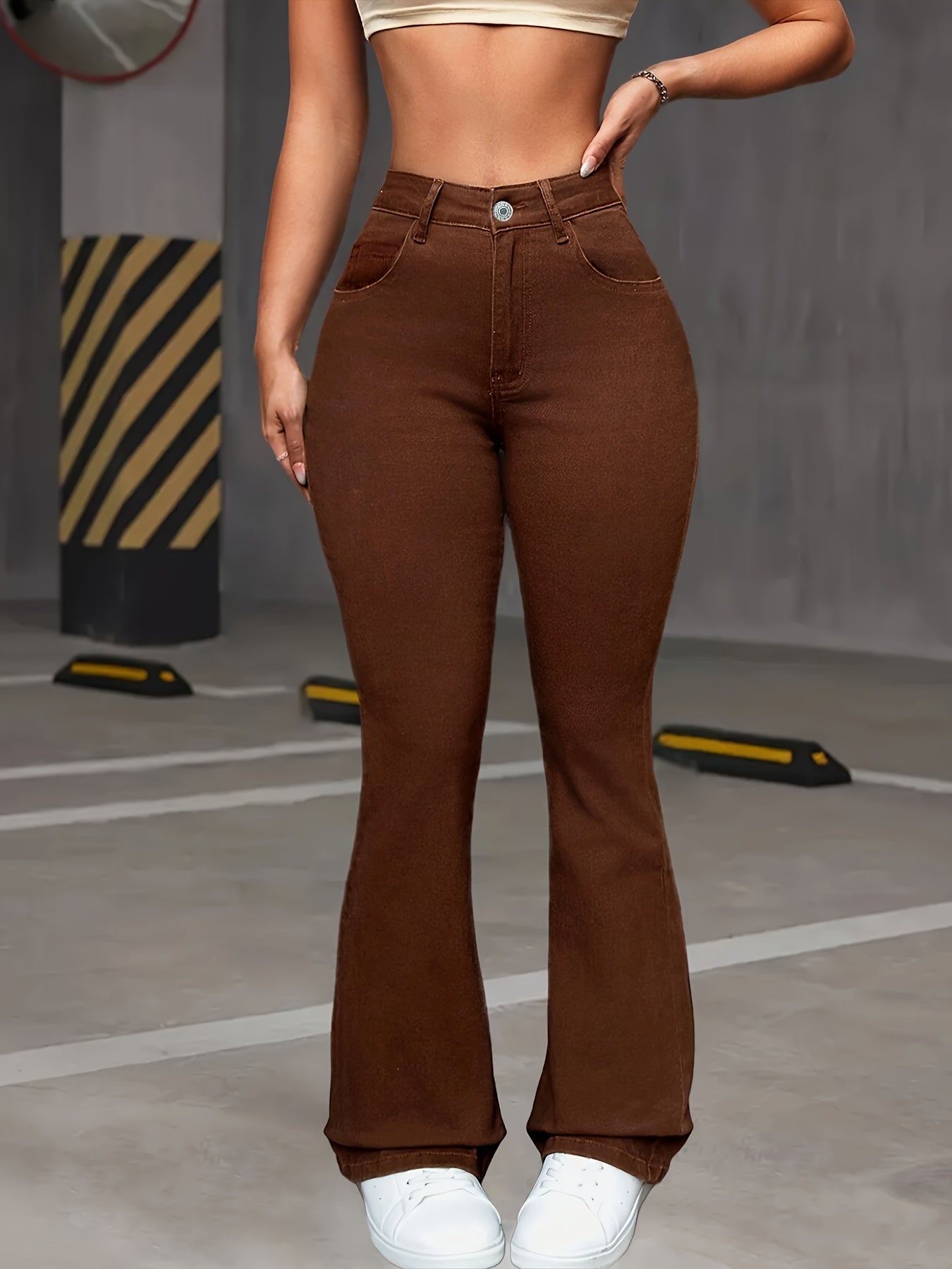 Women's High-Waisted Stretch Denim Flare Jeans in Coffee Brown - Comfortable All-Season Bell Bottoms with Button Closure, Slant Pockets, and High Elasticity Cotton Fabric