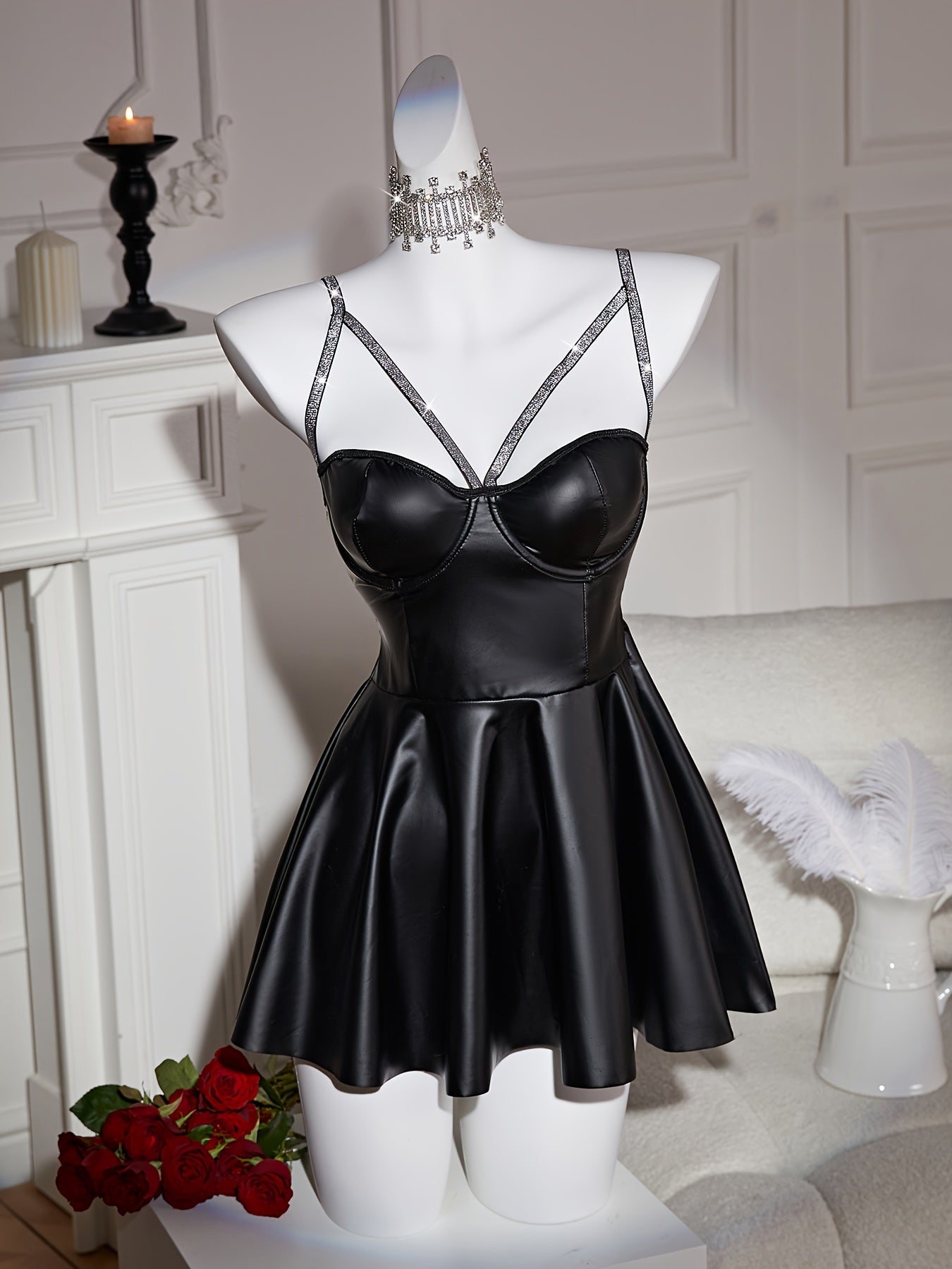 1pc Women's Party Style Backless PU Dress, Solid Color Knit Fabric Lash Set with 5.0% Elastane, Adult Polyester Outfit, Doll Style