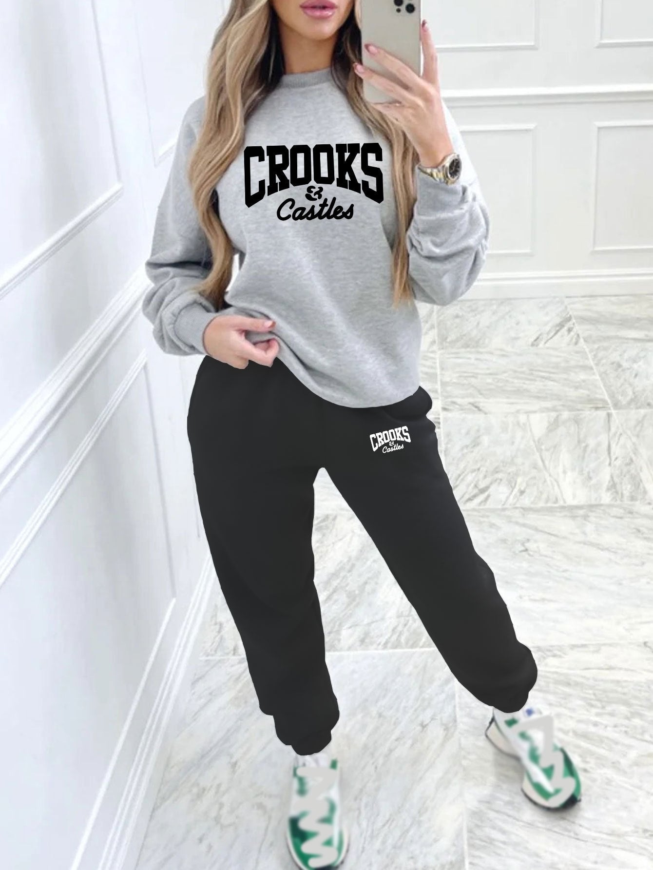 Women'S Casual Stylish Geometric Letter Pattern Printed Pullover And Sweatpants Set - Long Sleeves, Round Neck, Polyester Blend, Perfect Choice for Autumn And Winter.