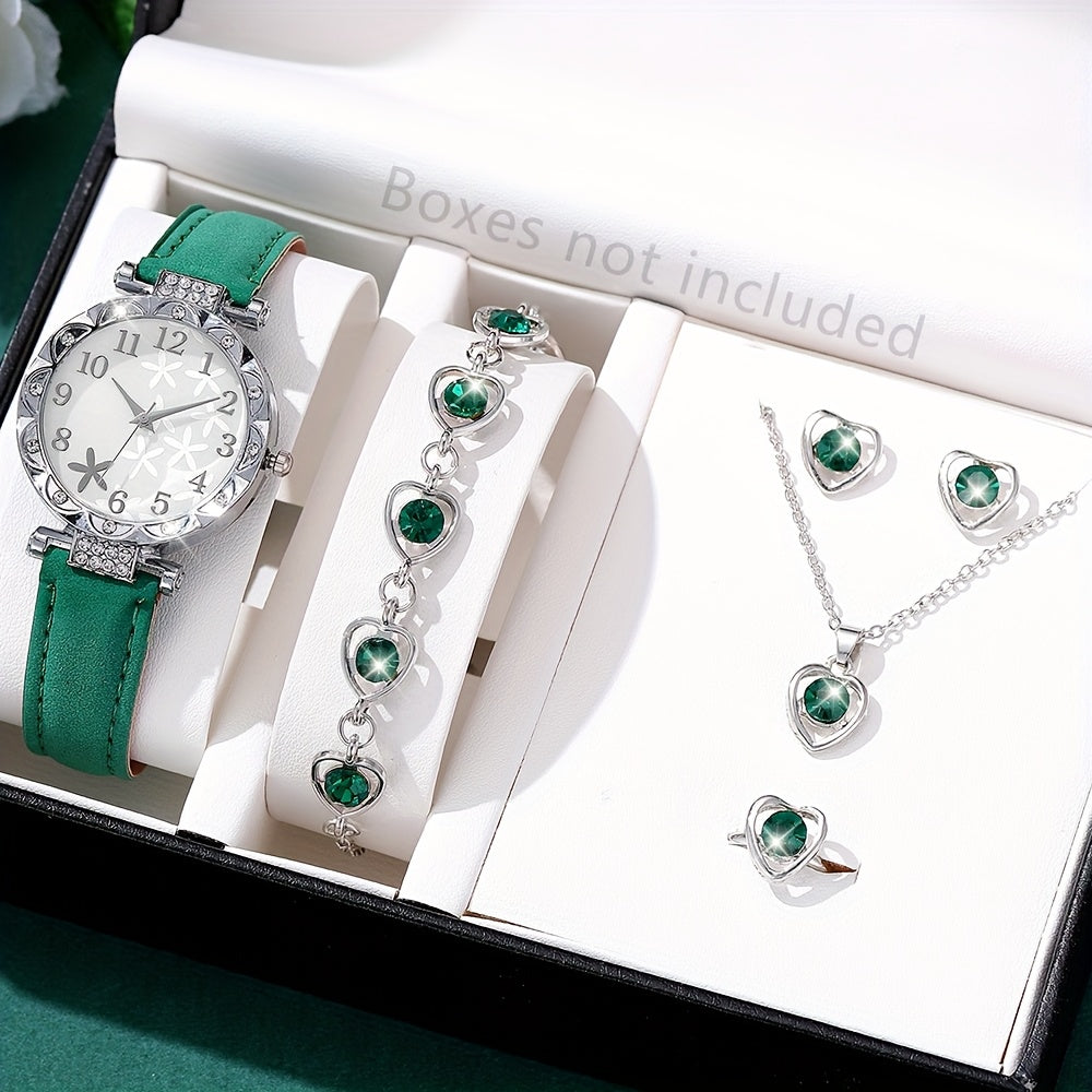 6pcs Set Fashion Women Simple Wrist Watches Blue Rhinestone Quartz Watch PU Leather Strap Ladies Dress Bracelet Watch Set Gifts