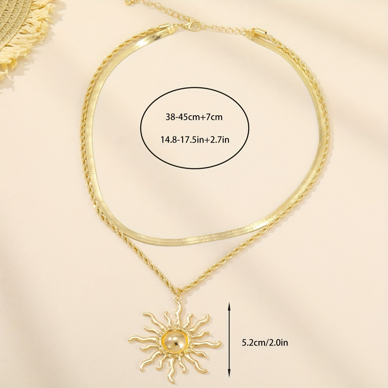 Elegant Double Layer Snake Bone Chain Sun Flame Pendant Necklace for Women, Zinc Alloy, All-Season Fashion Jewelry Accessory