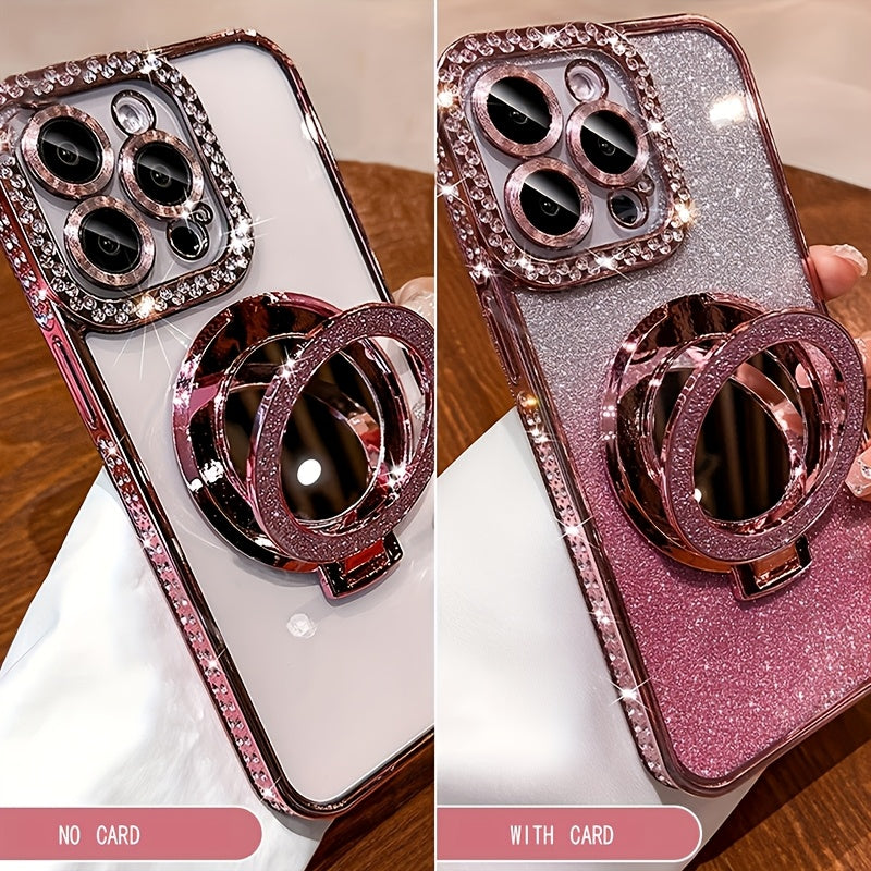 New Luxury Premium Flash Double Row Diamond Mirror Magnetic Stand Full Lens Phone Case for Apple iPhone 16 15 Promax 14 Plus 13 Pro 12 11 Pro Max/Niche Transparent Anti-drop Soft Adhesive Protection Back Cover/boyfriend And G