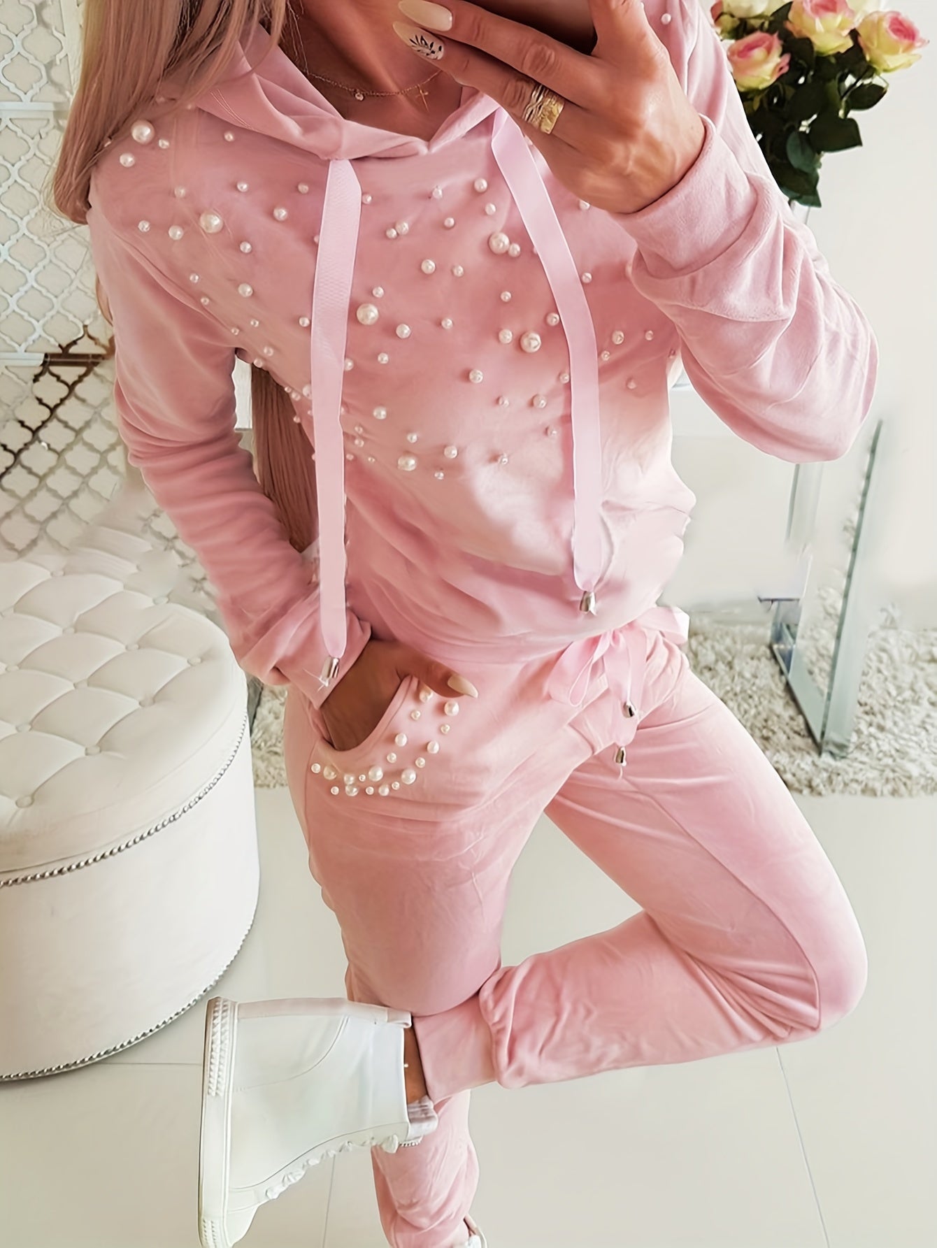 Casual Beaded Two-piece Set, Long Sleeve Pullover Hoodie & Drawstring Pants Outfits, Women's Clothing