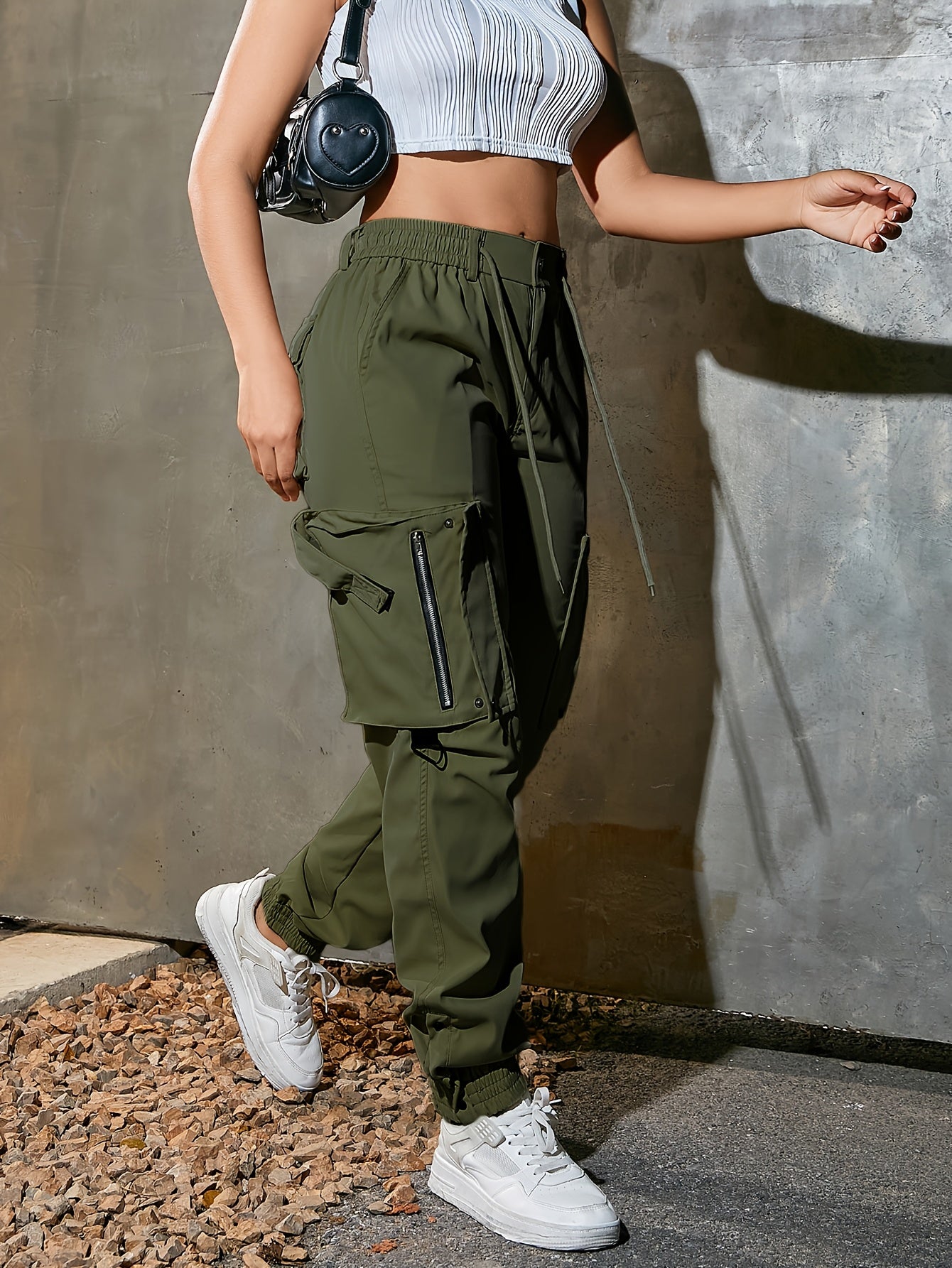 1pc Women'S Casual Cargo Pants, Polyester, Solid Color, All-Season Tapered Leg Workwear, 140g/m² Woven Fabric with 3D Pockets