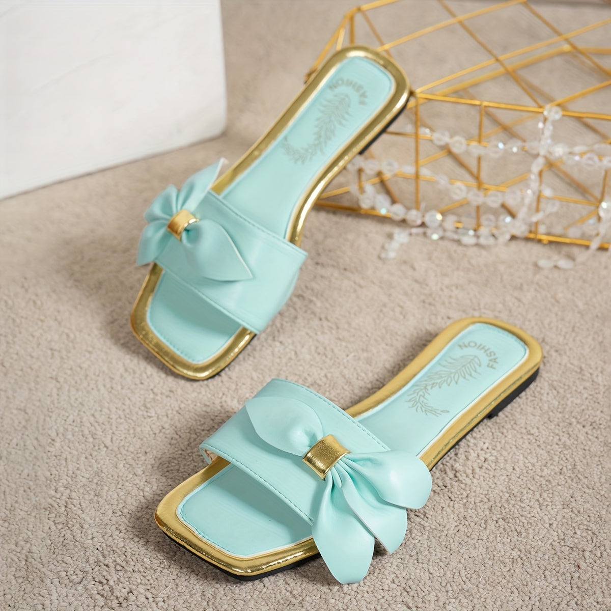 Women's Chic Square Toe Slide Sandals - Casual Summer Fashion, Flat Heel, Open Toe with Bow Detail, Faux Cover