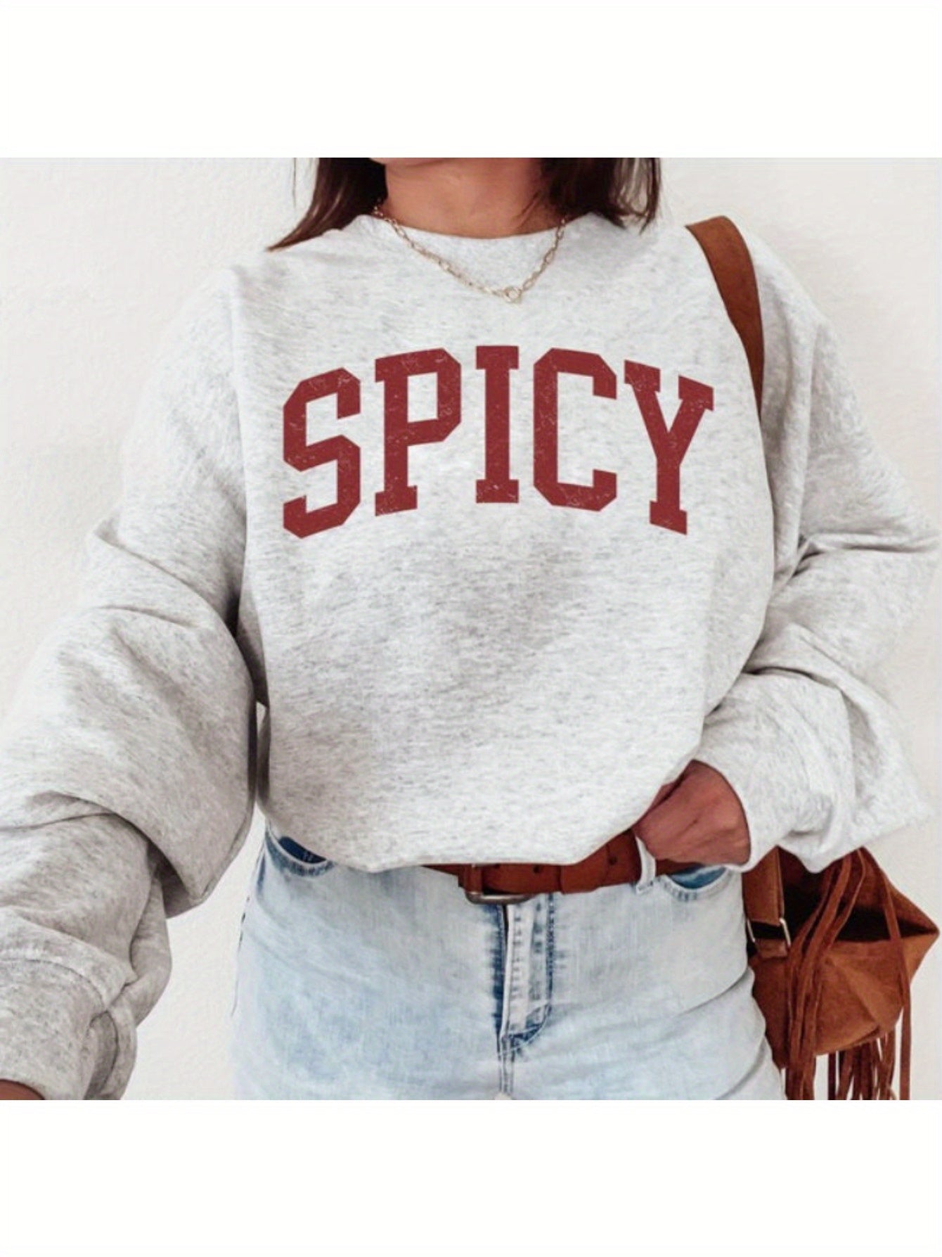 1pc Women'S Casual Crew Neck Sweater, Letter Print Long Sleeve Pullover for Autumn/ Winter, Knit Grey Sweatshirt