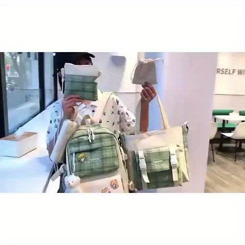 Fashionable And Lovely Plaid Backpack - Five-piece Set - Casual Simple Backpack - For Women - Suitable for School, Travel, Everyday Use - Perfect Gift for Teen Girls