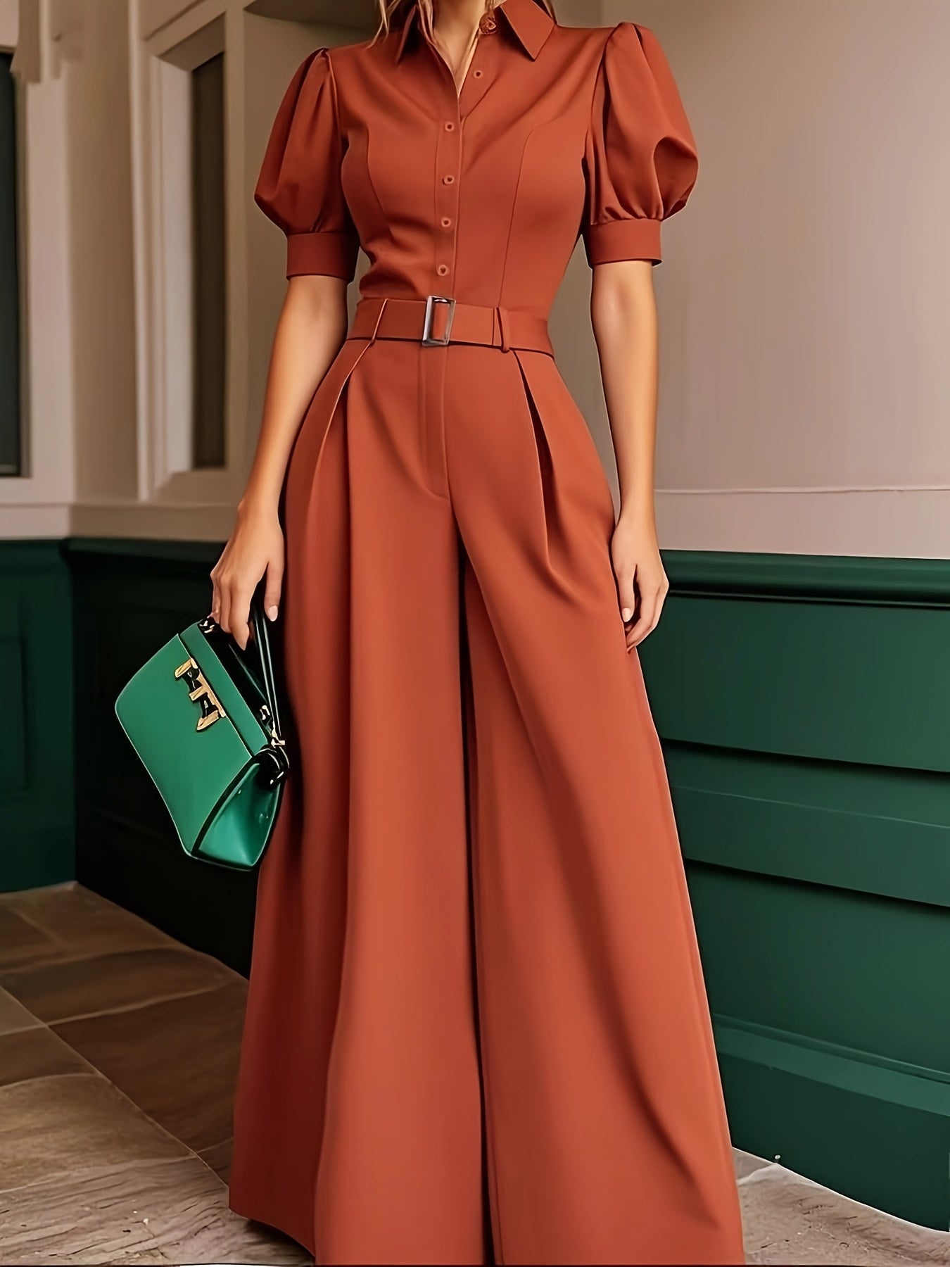 Women's Mint Green Collar Loose-Fit Jumpsuit - Summer Solid Color Machine-Washable Jumpsuit for Casual & Professional Outfits, Professional Attire | Wideleg Outfit | Nonstretch Fabric, Ladies Jumpsuits