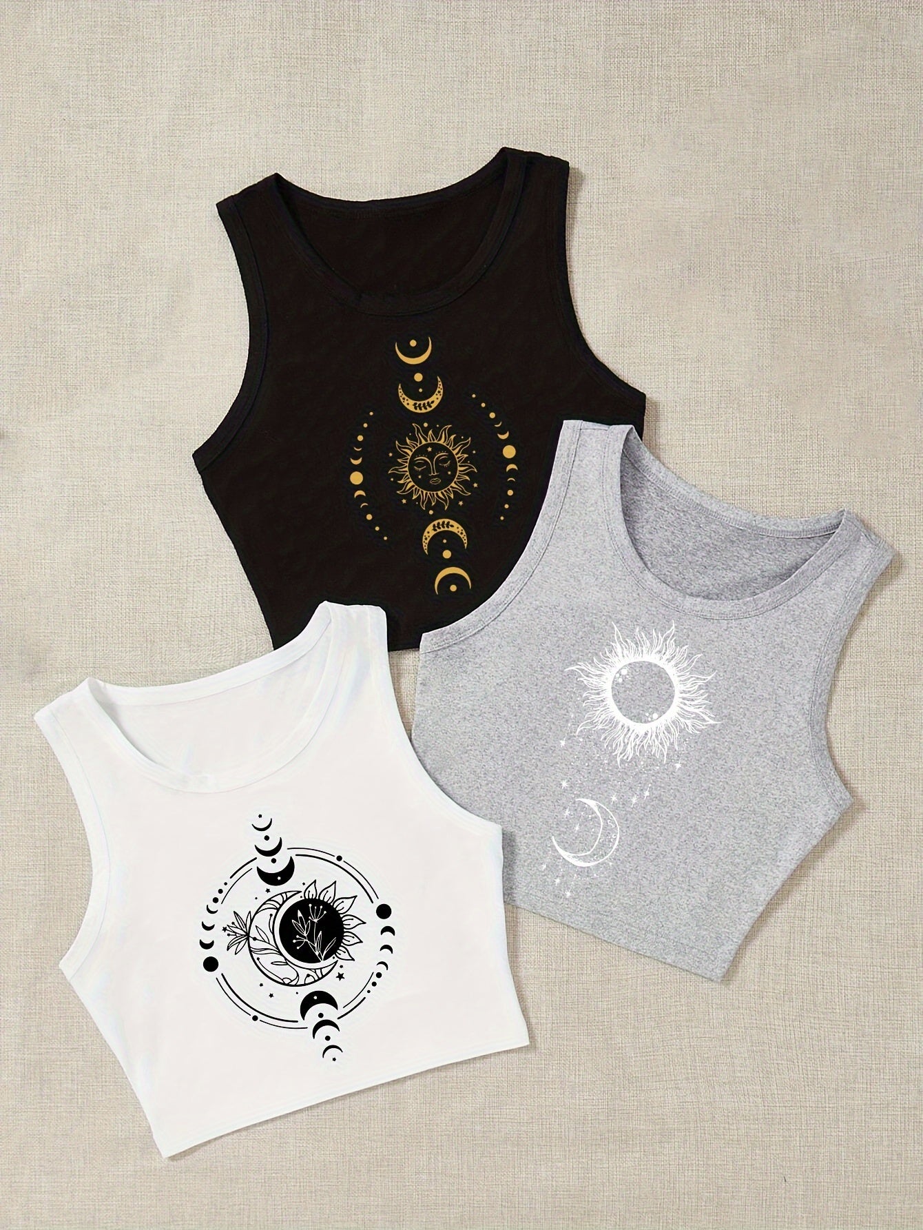 3pcs Sun & Moon Print Sleeveless Tank Tops for Women - Casual Style, Round Neck, Lightweight Fabric, Perfect for Spring/Summer/Fall, Sunset Theme Design, Casual Wear Tops|Sunset Motif|Lightweight Fabric