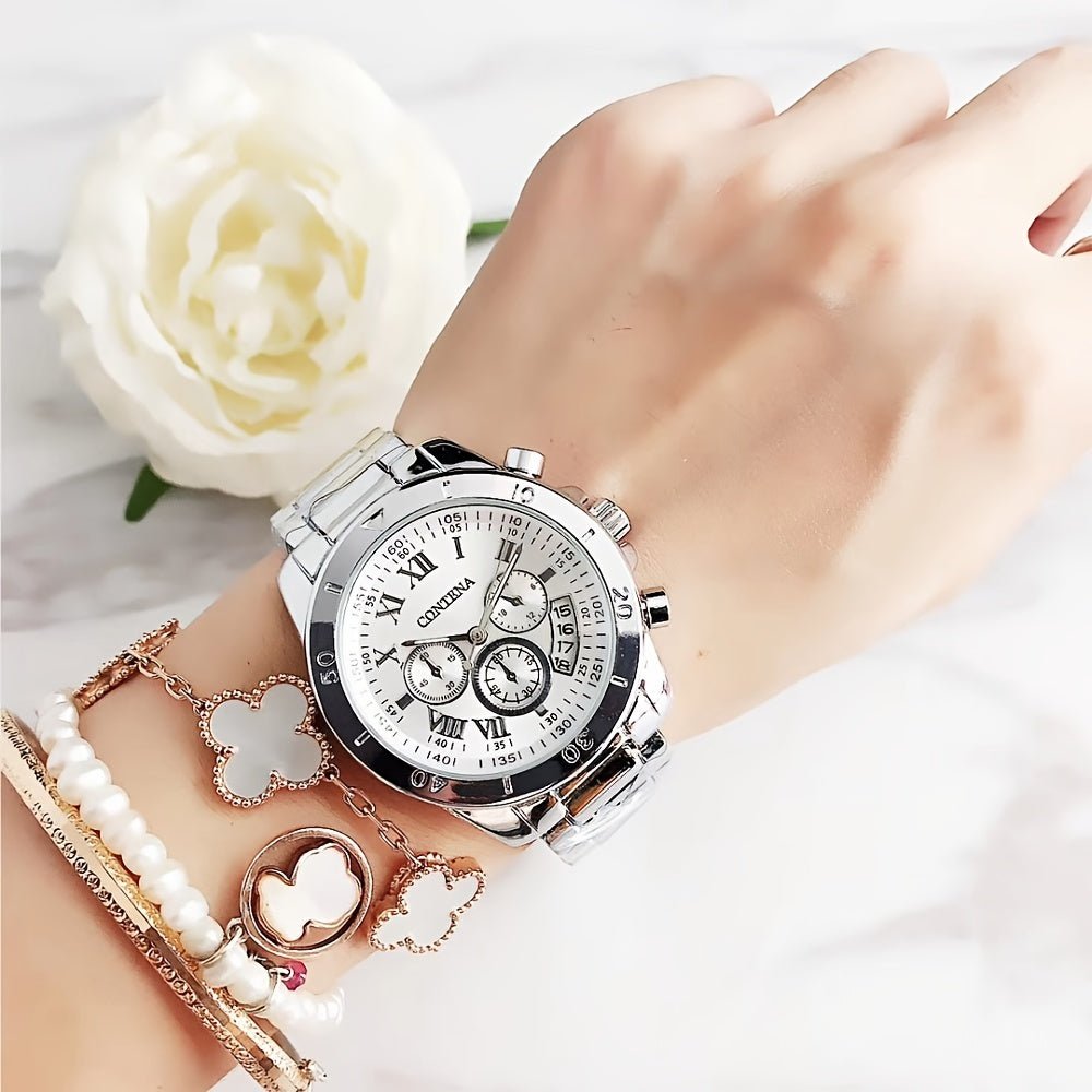 Quartz Watch For Women Stainless Steel Wrist Watch Alloy Pointer With Bracelet Set For Gifts Women daily uses Gifts For Eid
