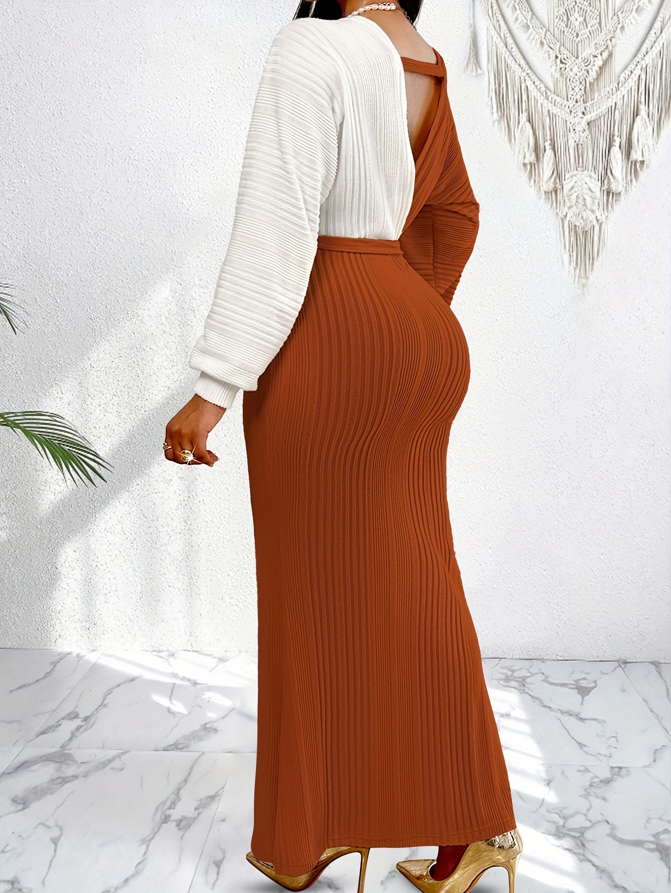 Two-Tone Polyester Elegant Batwing Sleeve Bodycon Long Dress with V-Neck Patchwork, Lace-Up Detail for Women, Fall Season