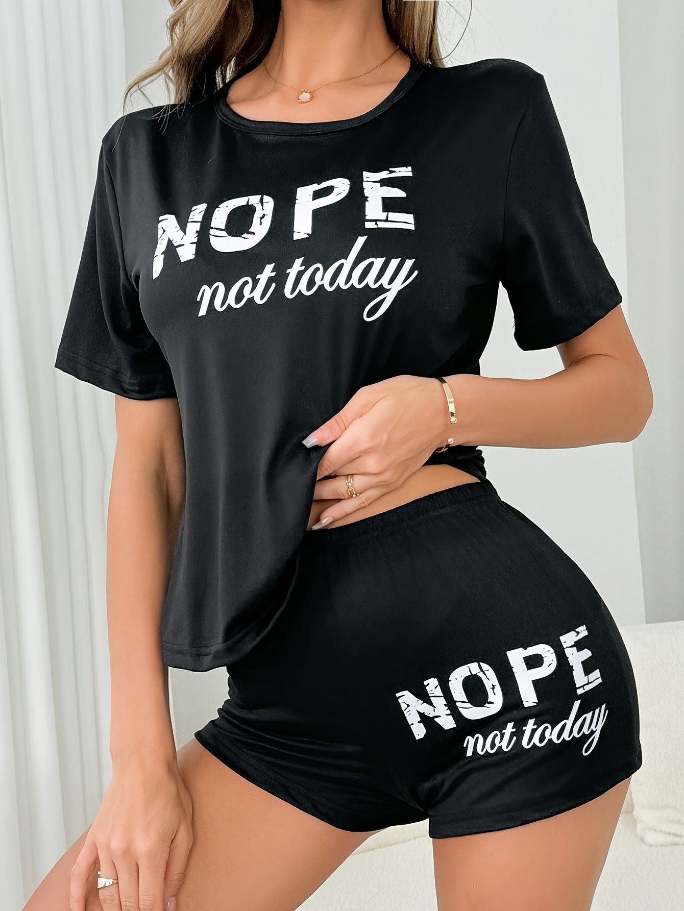 [One Set Comfortable Pajama Outfit] Women's Casual "NOPE not today" Print Short Sleeve T-Shirt and Shorts Pajama Set, Comfortable Loungewear, Sleepwear Outfit