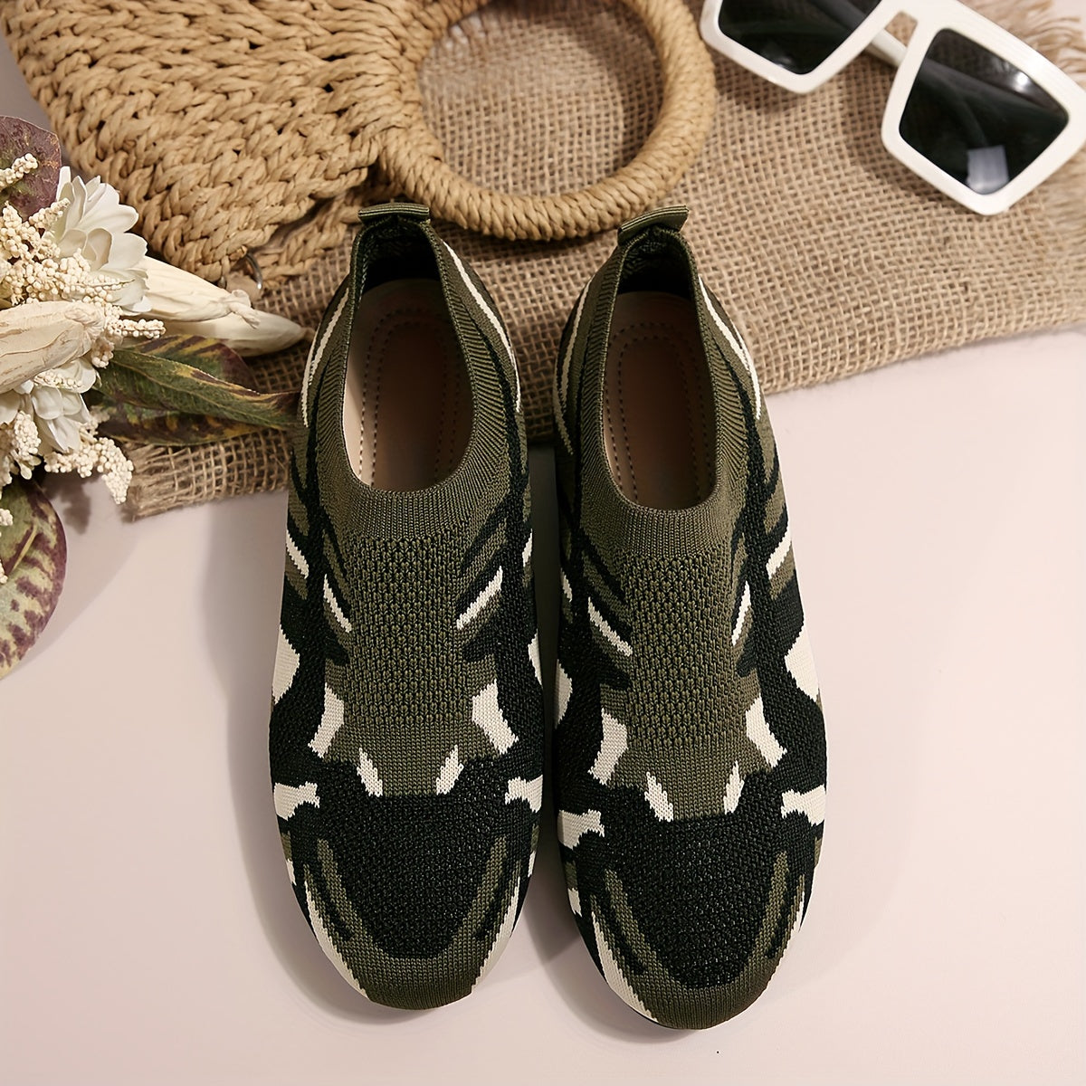 Women's Camouflage Pattern Flat Shoes, Breathable Knit Slip On Outdoor Shoes, Lightweight Low Top Shoes