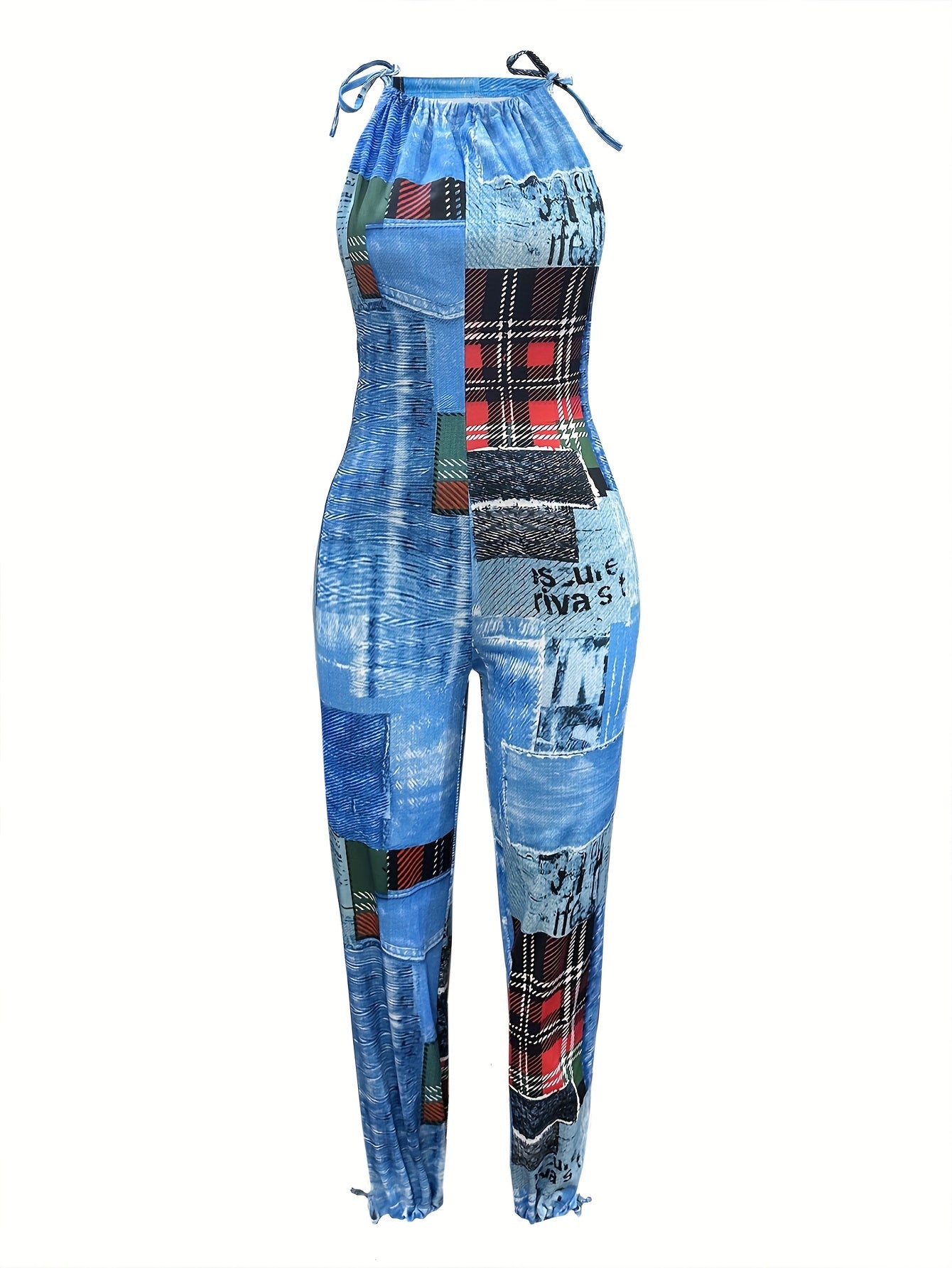 Patchwork Print Faux Denim Print Jumpsuit, Casual Sleeveless Tie Strap Drawstring Jogger Jumpsuit For Spring & Summer, Women's Clothing