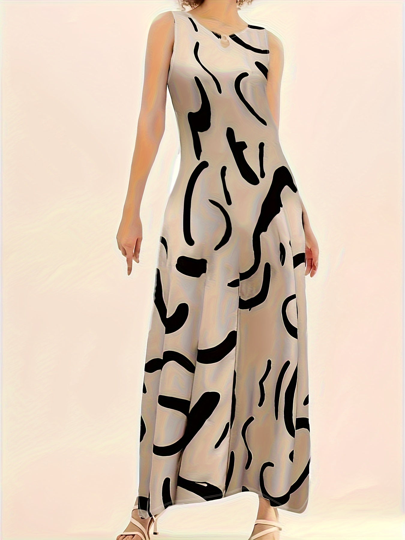 [Maxi Dress with Keyhole Neckline] Elegant Sleeveless Maxi Dress for Women, Polyester and Spandex Blend, Knit Fabric, with Keyhole Neckline and Pockets, Abstract Print Design, for Spring/Summer/Fall