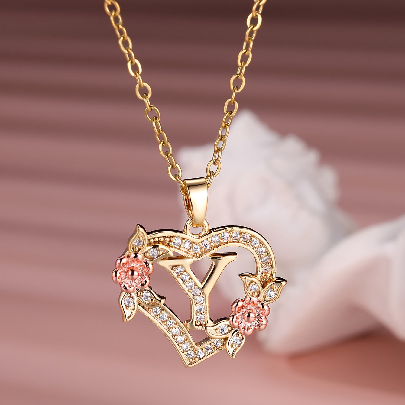 1pc A-Z Letter Love Heart Necklace Elegant zirconia Rose Golden Necklace Valentine'S Day Gift Trendy Jewelry For Women