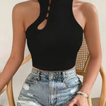Women'S Y2K Style Solid Color Polyester Crop Top, Sleeveless Stand Collar Hollow Detail, Knit Fabric, Stretch Fit, All-Season Vest - 95% Polyester, 5% Elastane