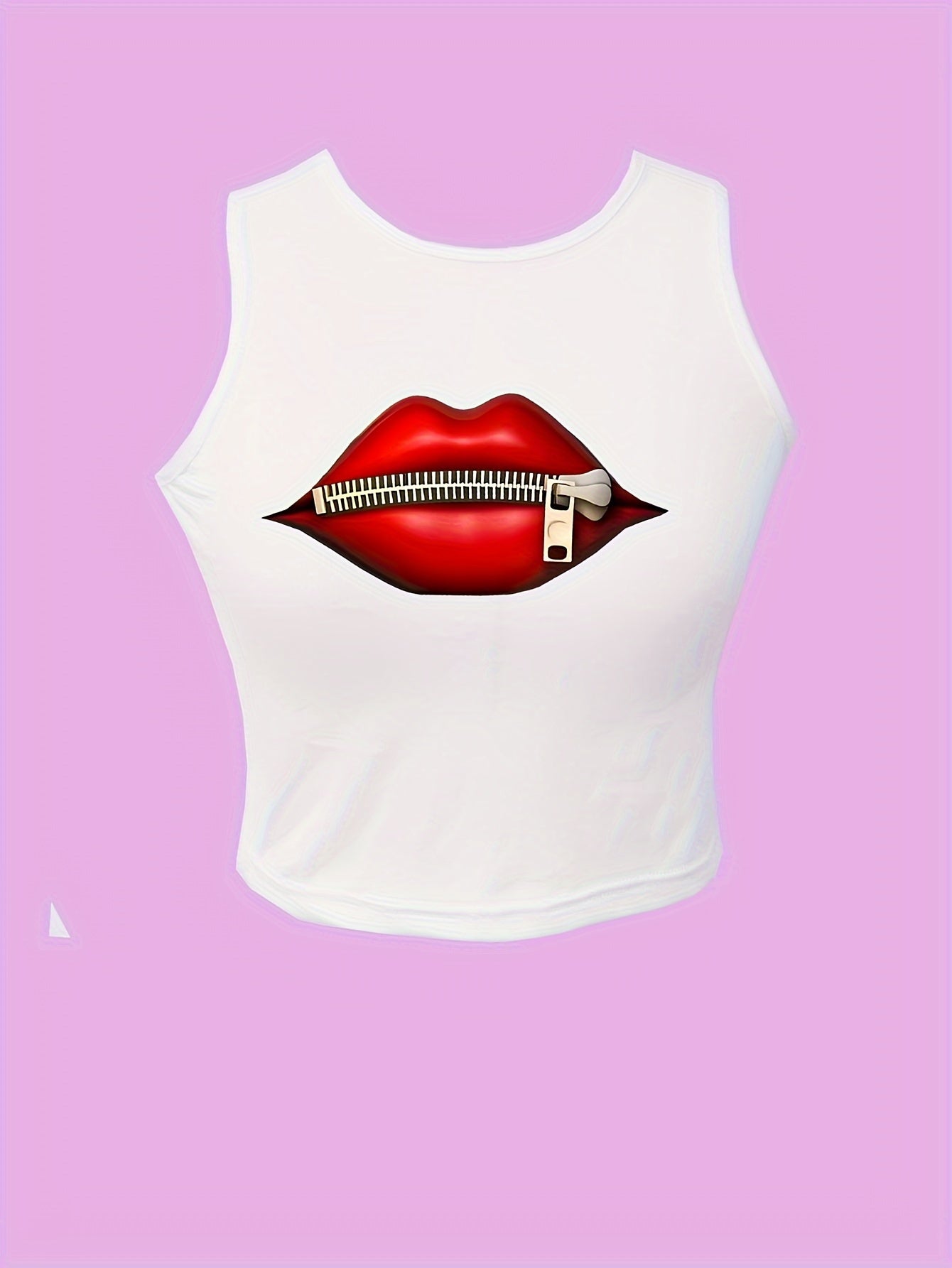 Valentine's Day Red Lip Print Round Neck High Elastic Tight Fit Print Short Top with Navel Exposed Women's Casual Sports Shirt