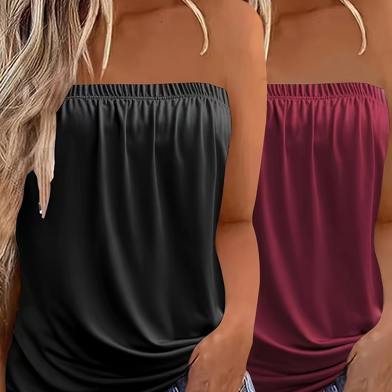 2-Pack Elegant Strapless Bandeau Top, Solid Color Jersey Knit Fabric, Stretchy Polyester 100% Sleeveless Backless Summer Tank Tops
