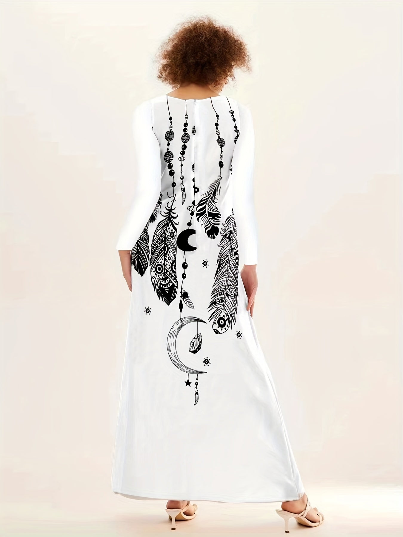 Feather Print V Neck Long Dress, Casual Long Sleeve Dress For Spring & Fall, Women's Clothing