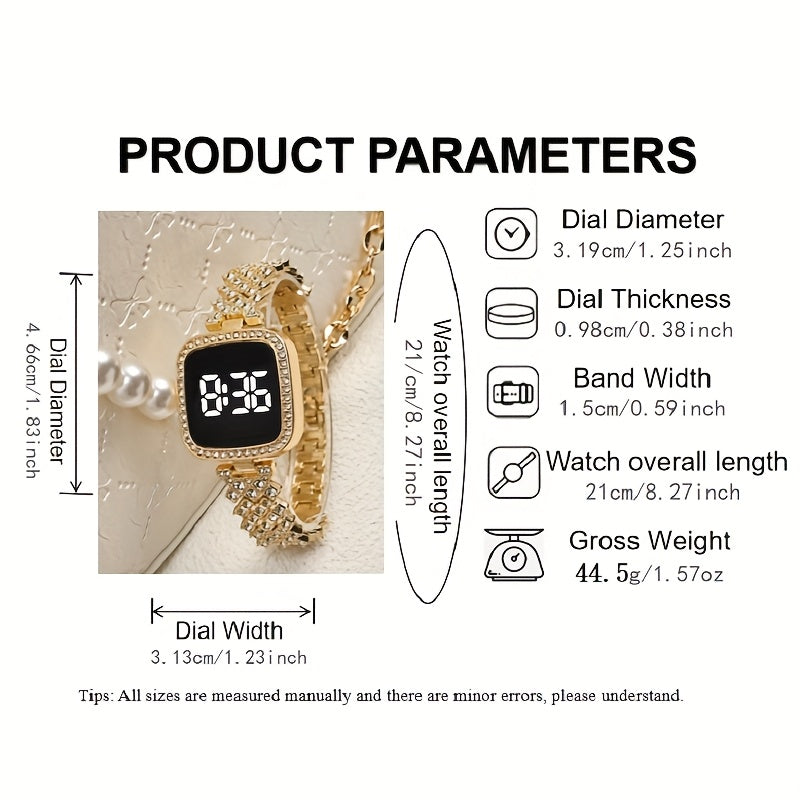 1pc Elegant Square LED Chronograph Watch with Sparkling Rhinestones - Stainless Steel Band, Digital Display, Non-Rechargeable Battery, Perfect for Daily Decor, Everyday Accessory|Elegant Watch Design|Durable Watch Band, Squar