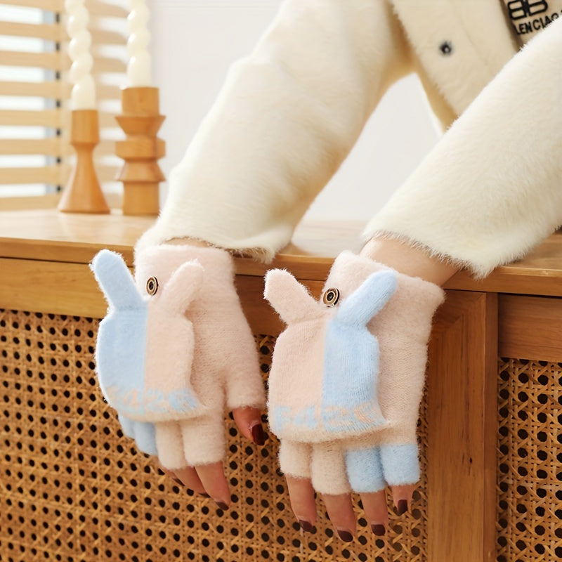 Women's Cute Cartoon Flip-Top Gloves, Winter Thickened Knit Mittens, Touchscreen Compatible, Breathable Nylon, Hand Wash or Dry Clean, Fashionable Ladies Gloves for Outdoor Use