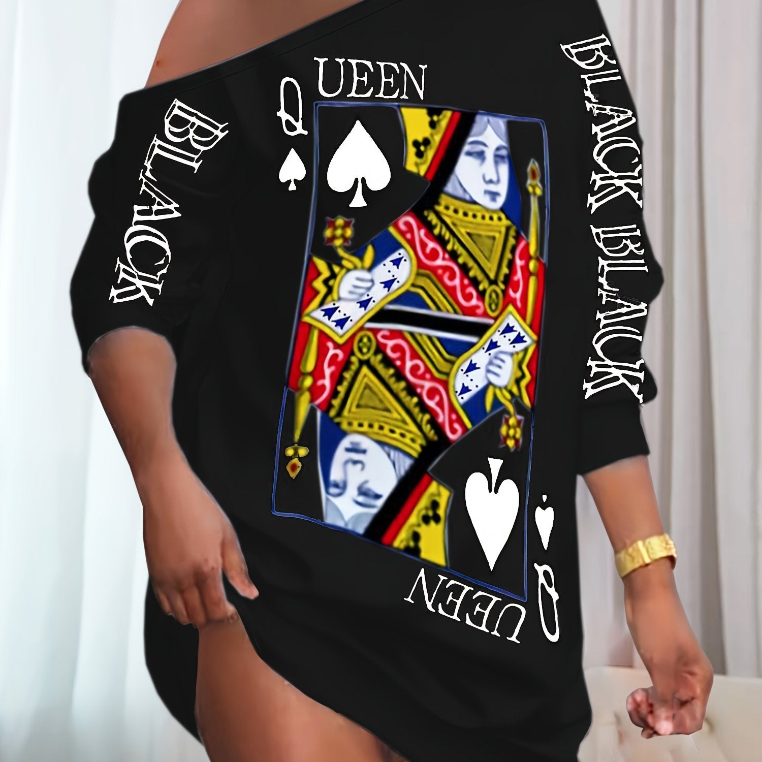 Women's Poker Print Sexy Lounge Dress, One Shoulder Long Sleeve Slash Neck Dress, Comfortable Home Wear For Fall