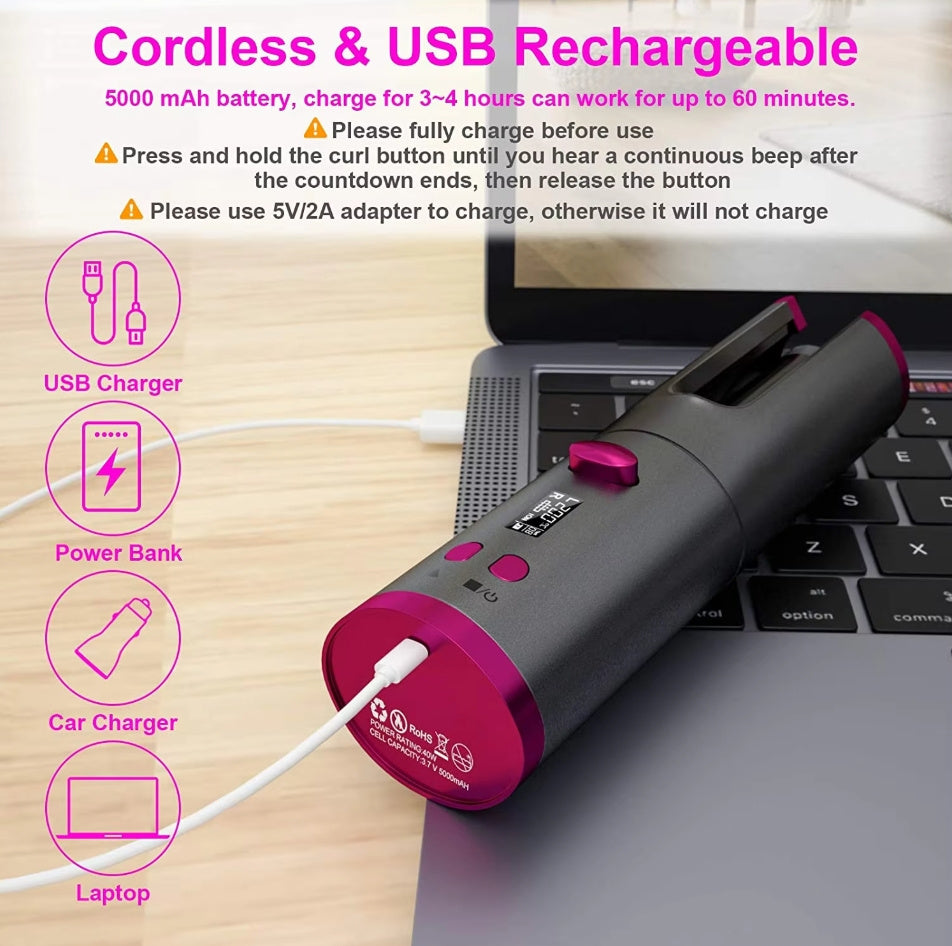 Portable Wireless LCD Display Rechargeable Ceramic Heating Antiperm Hair Curlers Automatic Electric Power Source Curling Irons