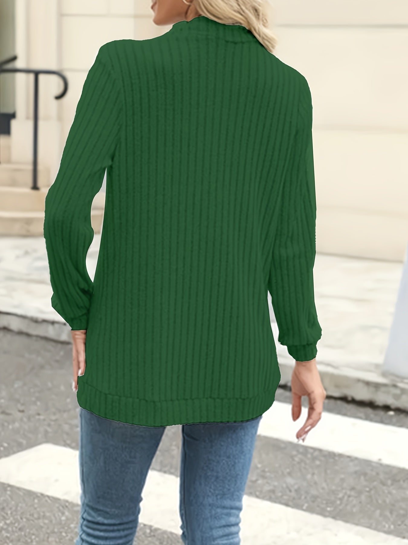 Elegant Women's Front-Button Cardigan - Medium Stretch Long Sleeve with Pleated Detail, Solid Green Machine-Washable Fall Winter Jacket, Regular Fit for Casual & Formal Outfits, Lightweight Cardigan, Winter Apparel, Open Fron