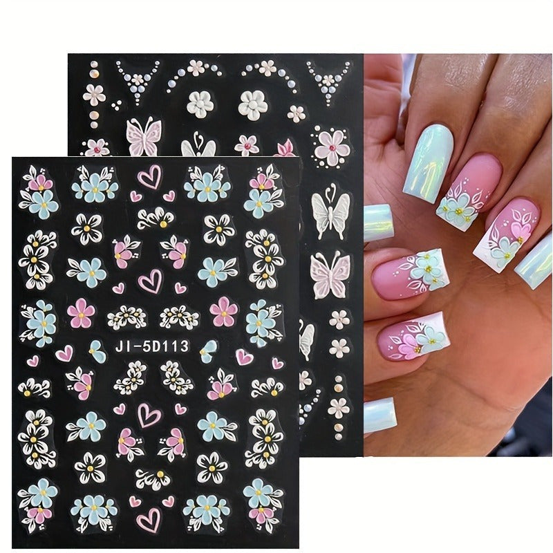 2sheets 5D Embossed Flower Nail Stickers Pink Blue Petals Butterfly French Line Acrylic Spring Summer Floral Slider Nail Decor Nail Art Supplies