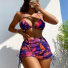 Geometric Print Color Block 3 Piece Set Swimsuit With Stylish Headband, Halter Tie Neck Triangle Bikini & Drawstring Wrap Cover Up Skirt Swimsuit For Beach Pool Bathing, Women's Swimwear & Clothing