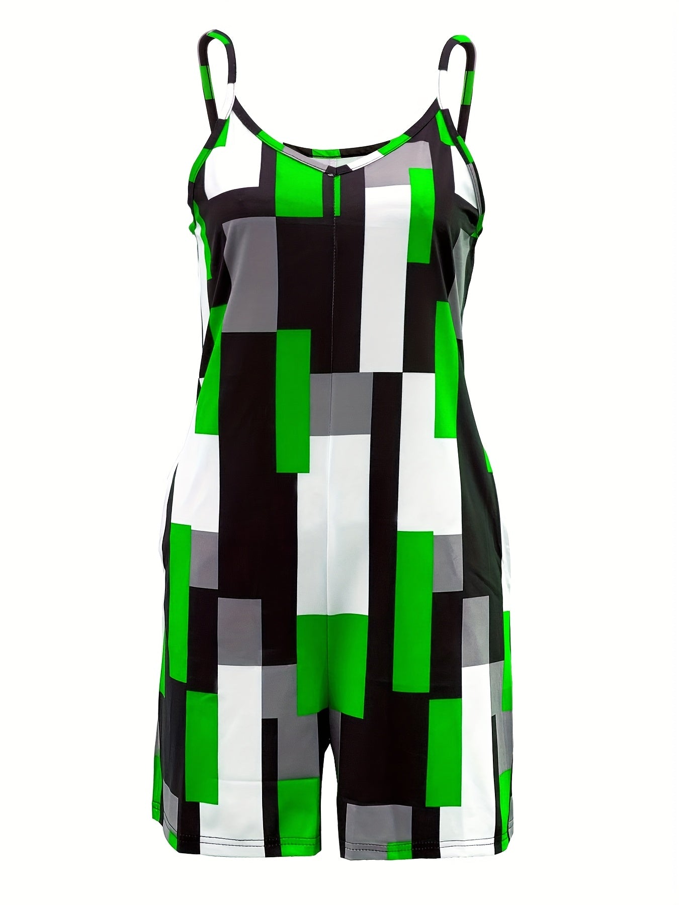 Women's Summer V-Neck Color Block Print Romper with Pockets - Stylish Sleeveless Jumpsuit in Orange, Black, White & Gray, Casual Knit Polyester Blend, Machine Washable, Stylish Leisurewear | Pocketed Outfit | Casual Elegance