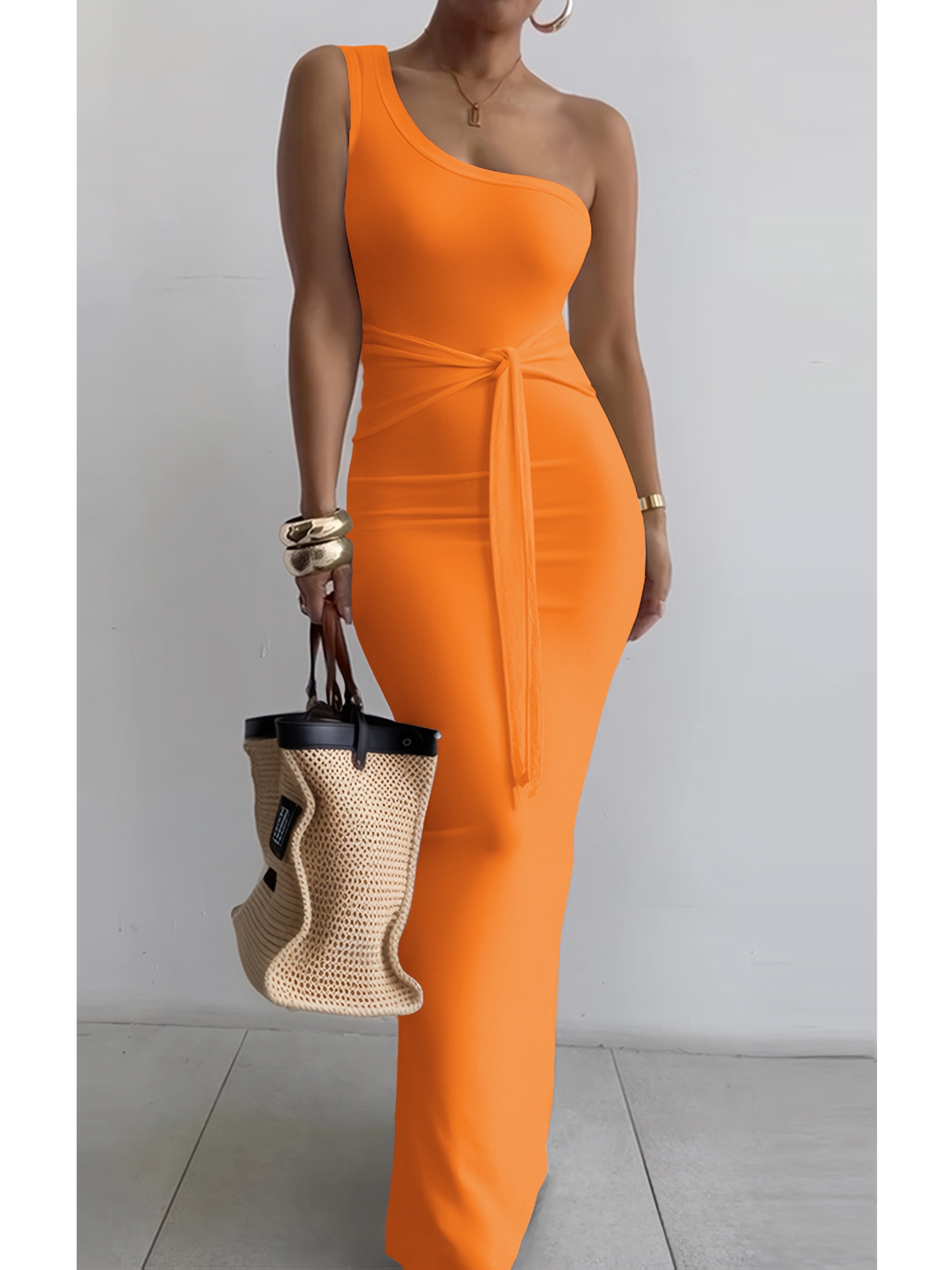 Women's Summer One-Shoulder Waist Tie Slim-Fit Pencil Dress - Sleeveless Elegant Solid Blue Long Dress for Casual & Formal Occasions