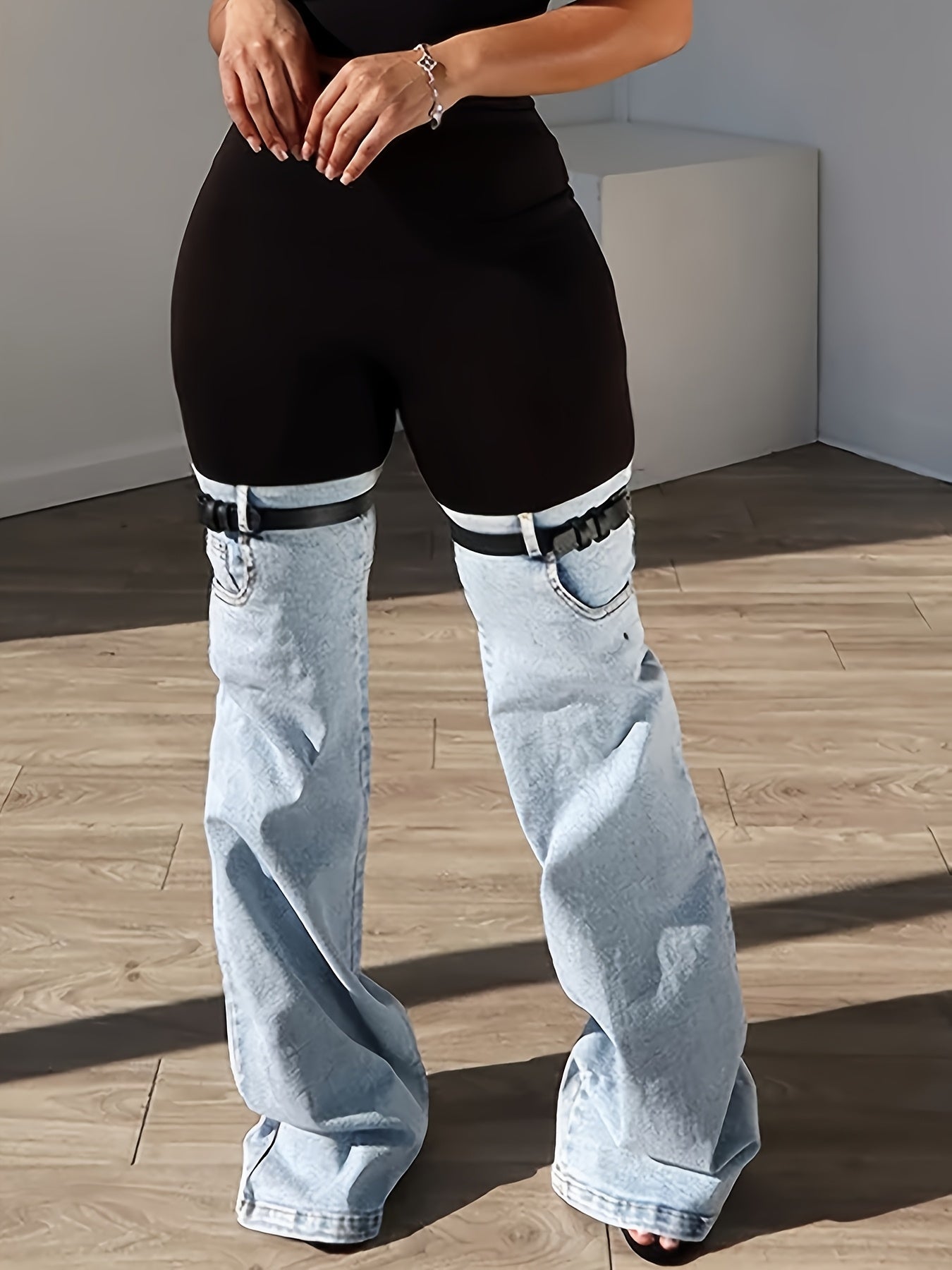 Women High Elastic Waist Two Tone Trendy Patchwork Jeans With Garter Belt Detail – Unique Streetwear Style