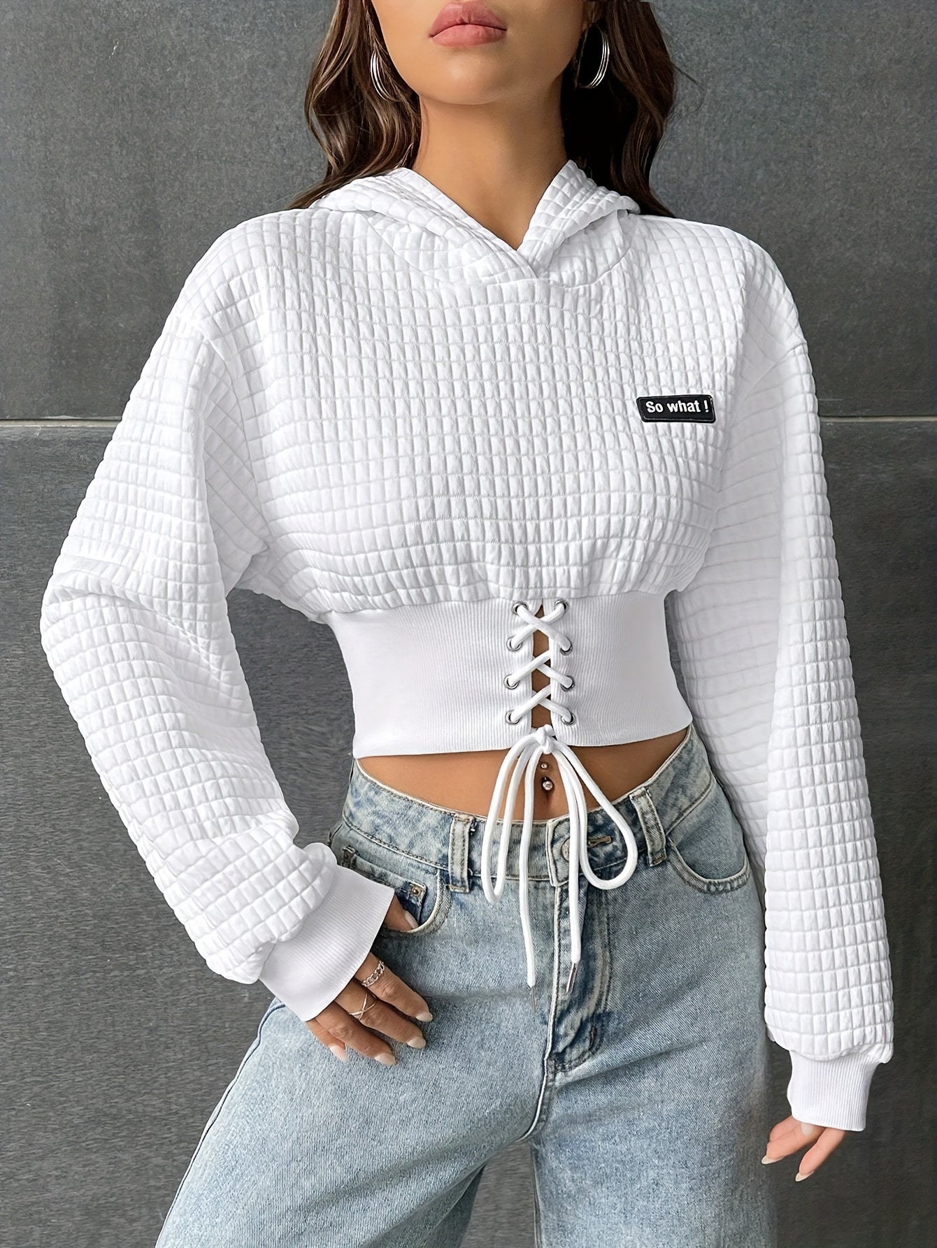 Lace Up Crop Drop Shoulder Hoodie, YOUNG Long Sleeve Hoodies Sweatshirt, Women's Clothing