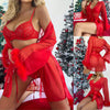 Women's Lace Lingerie Outfits Bra + Thong + Cuffs Long Sleeve Kimino Robe Babydoll Sleepwear
